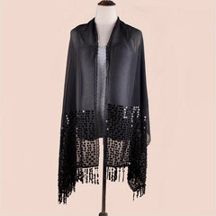 Sequin Decor Tassel Shawl Long Scarf Embroidery Lace Wrap Chiffon Scarves