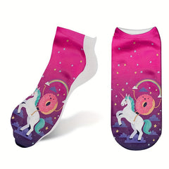 4 Pairs Unicorn Pattern Socks & Lightweight Low Cut Socks Women's Stockings