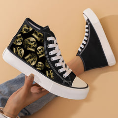 Scary Skeleton Skull Pattern High Top Canvas Sneakers