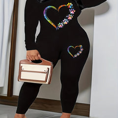 Women's Plus Paw & Heart Print Long Sleeve V Neck Top & Leggings Outfits Set