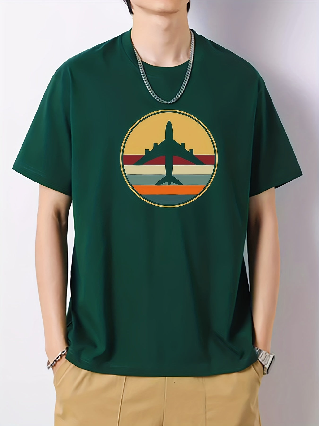 Air Plane Print Men's Cotton Graphic Crew Neck Active T shirt