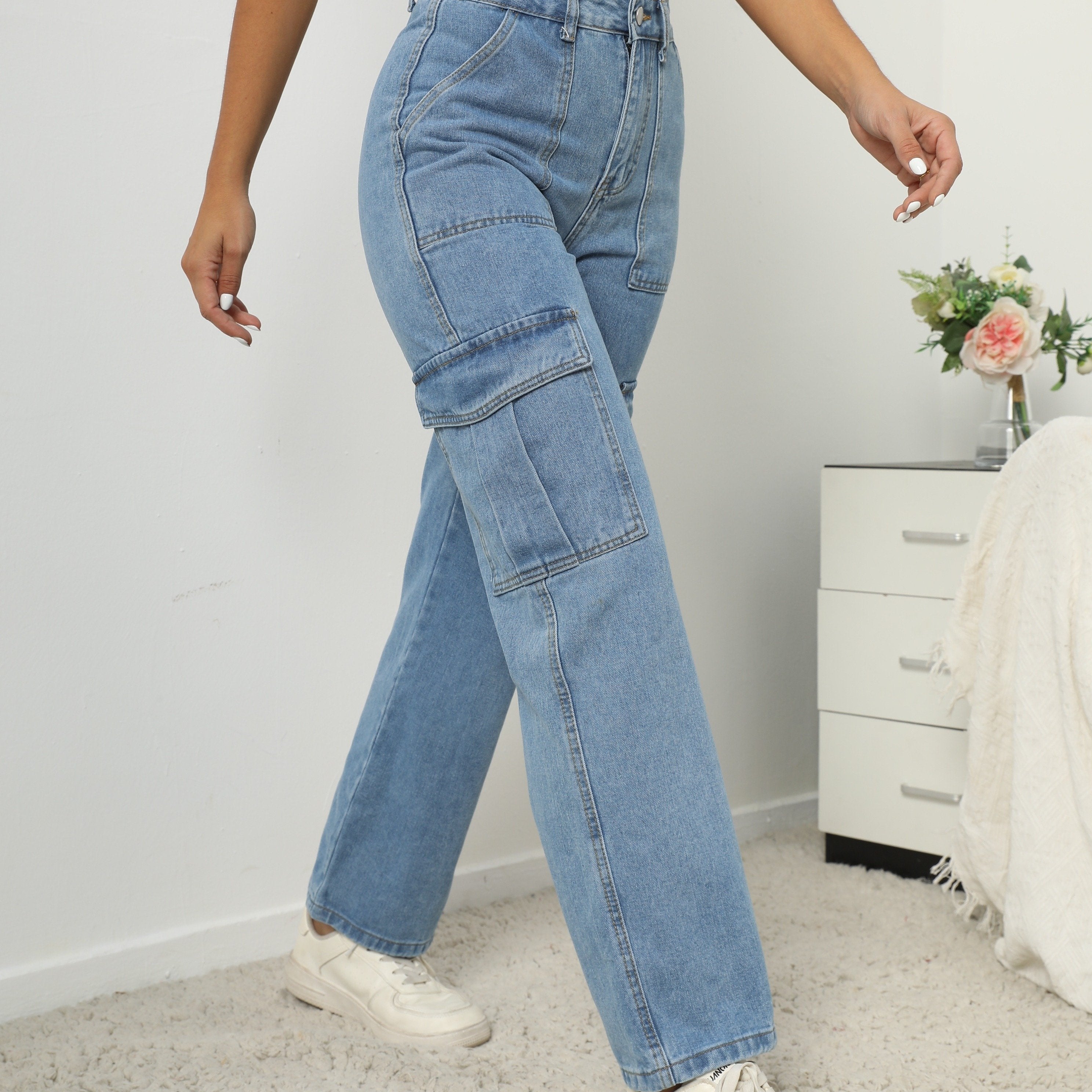 High Waist Flap Pockets Cargo Pants Loose Fitting Straight Legs Denim Pants