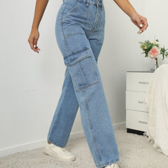 High Waist Flap Pockets Cargo Pants Loose Fitting Straight Legs Denim Pants