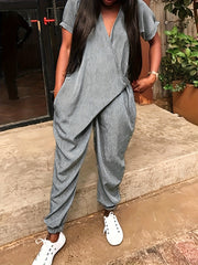 Surplice Neck Jumpsuit Short Sleeve High Waist Casual Jumpsuit
