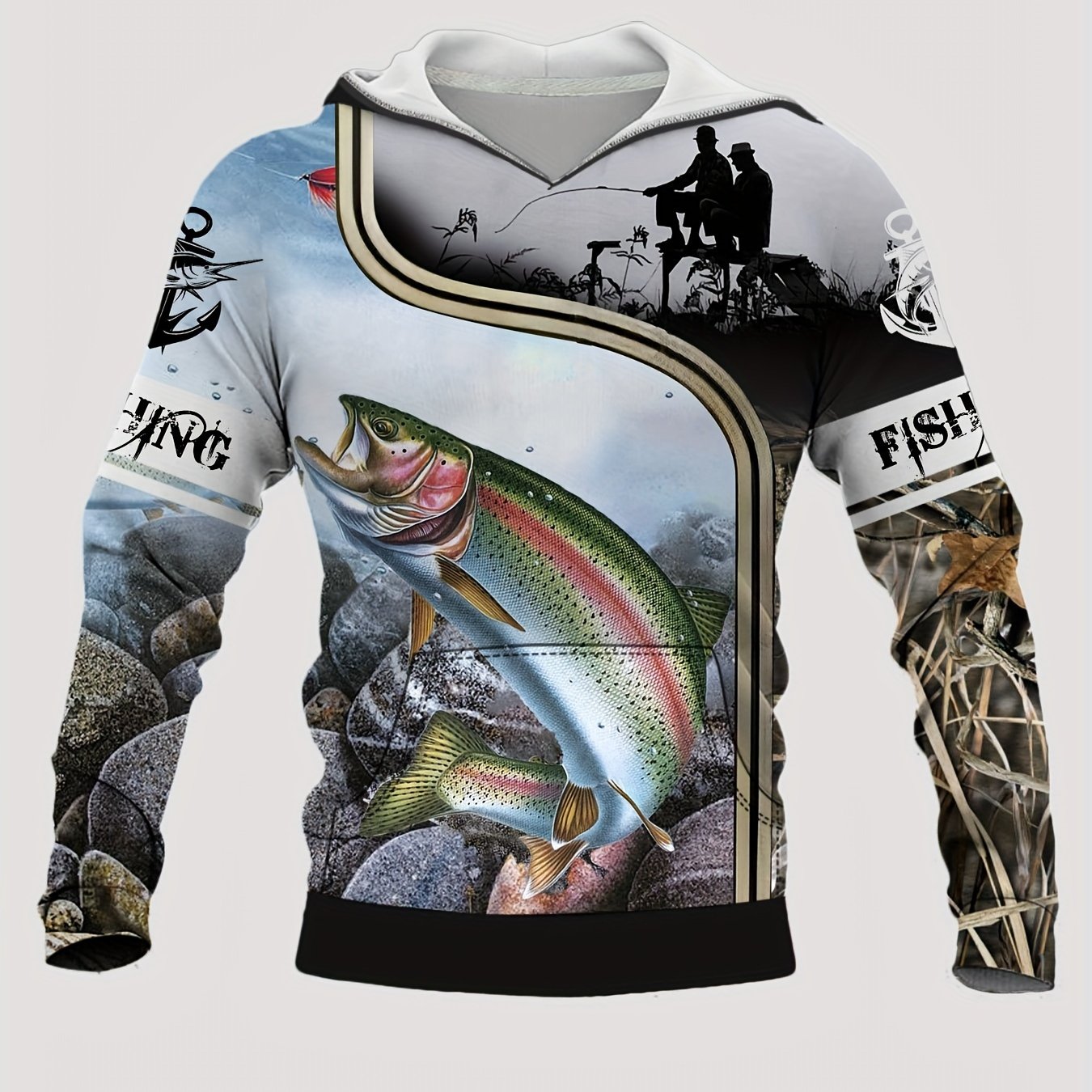 Men's Fishing Print Hoodie with Kangaroo Pocket for Autumn Winter