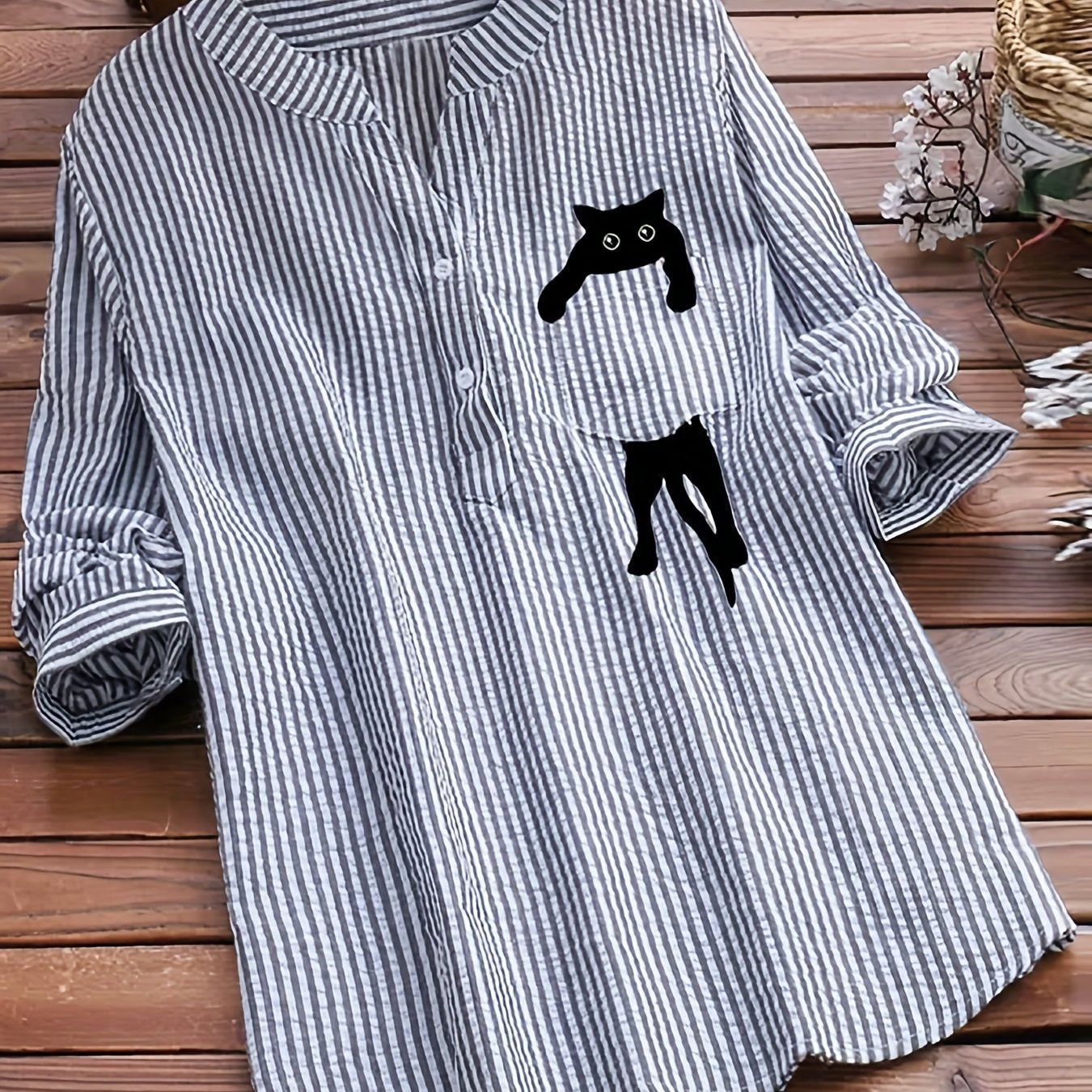 Stripe & Cut Cat Print Blouse