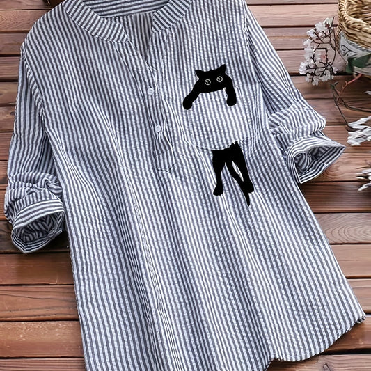 Stripe & Cut Cat Print Blouse