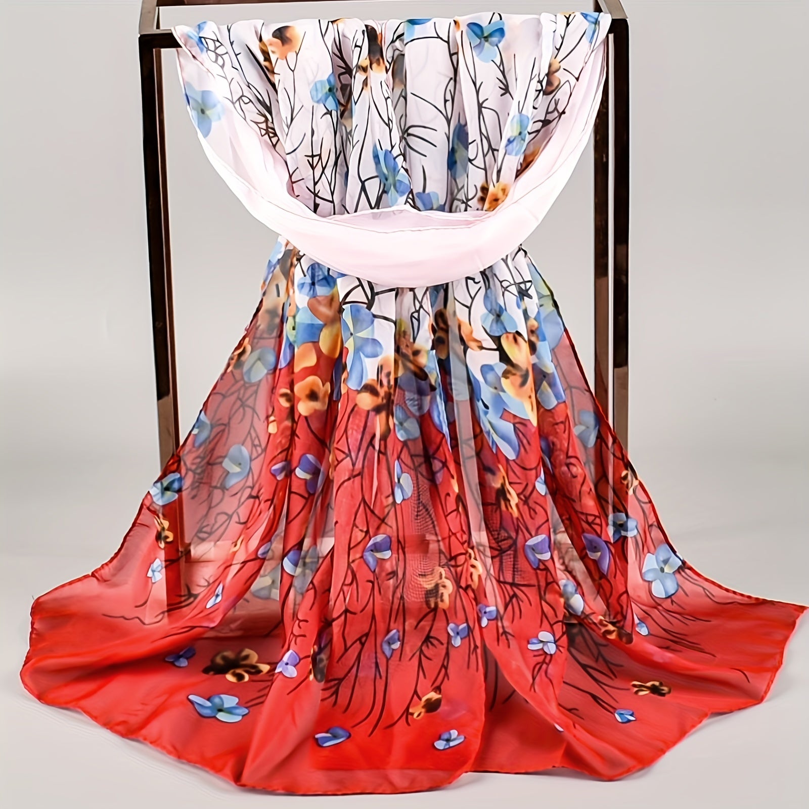 Gradient Floral Printed Chiffon Scarf Silk Head Wrap Sunscreen