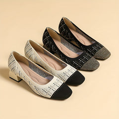 Women's Knitted Mid Heels Colorblock Slip On Shoes Chunky Heels