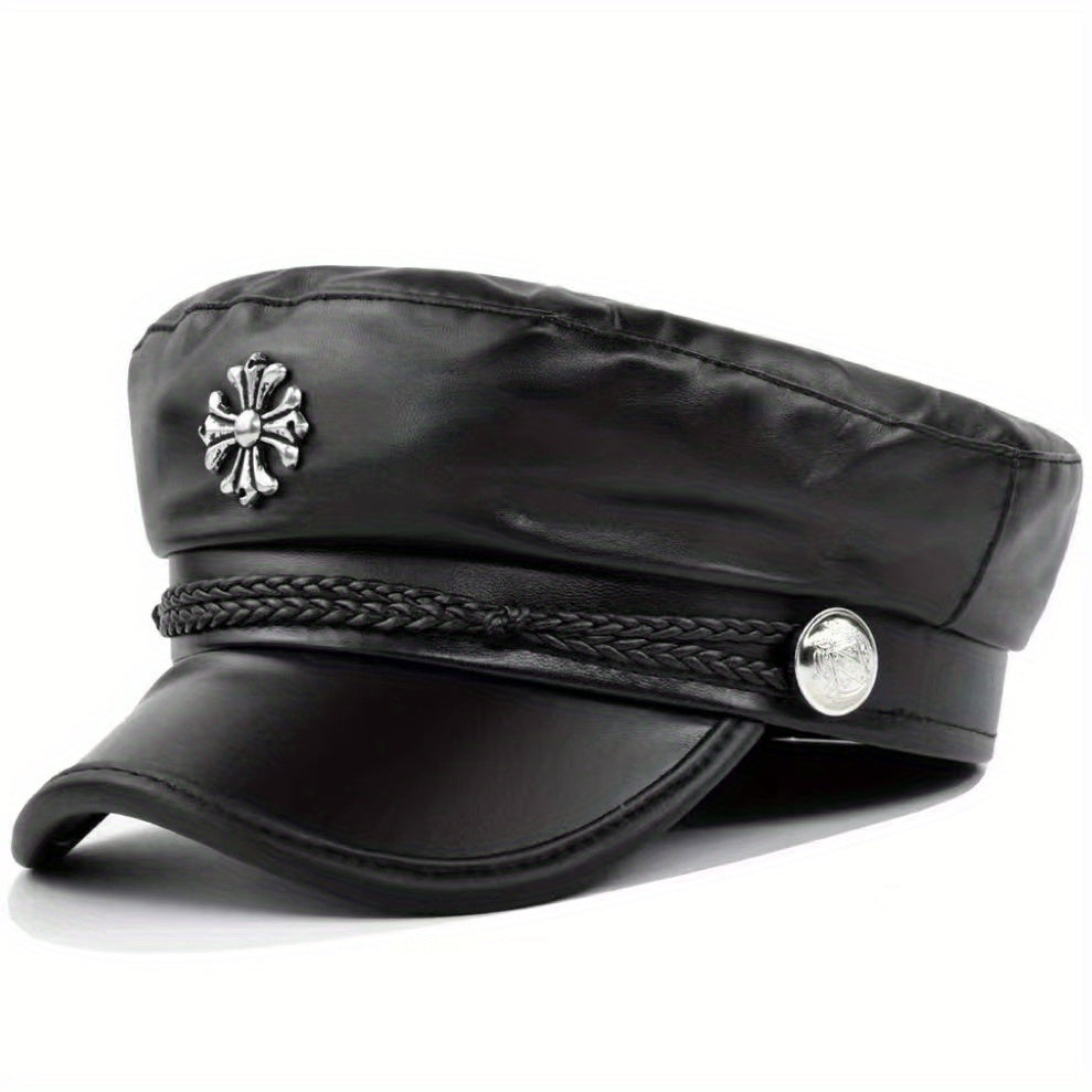 Gothic Cross Patch Beret PU Leather Sailor Hat