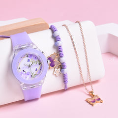 Butterfly LED Watch Set for Girls with Bracelet & Necklace
