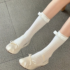 3 Pairs Ribbed Bow Decor Socks, Comfy & Breathable Mid Tube Stockings