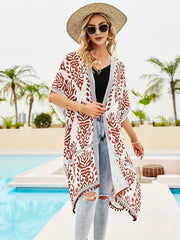 Boho Cover Up Geo Print Batwing Sleeve Tassel Trim Beach Cover Up