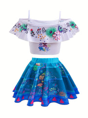 Girl's Geometric Print Bikini Set with Camisole Top & Skirt