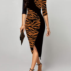 Graphic Print Splicing Dress Sexy Bodycon Crew Neck Keyhole Dress