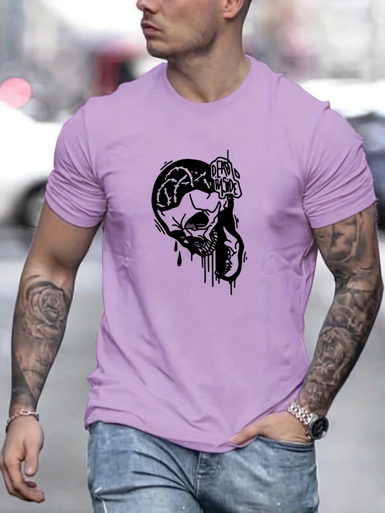 Men's Skull & Letter Print T shirt Casual Tee for Summer Outdoor