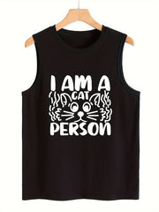 Cat & Letter Print Sleeveless Sports Vest Round Neck Casual Tops
