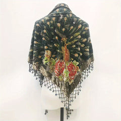 Green Peacock Velvet Shawl Embroidery Beaded Tassel Cape