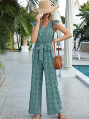 Leopard Print Ruffle Trim Jumpsuit V Neck Wide Leg Jumpsuit