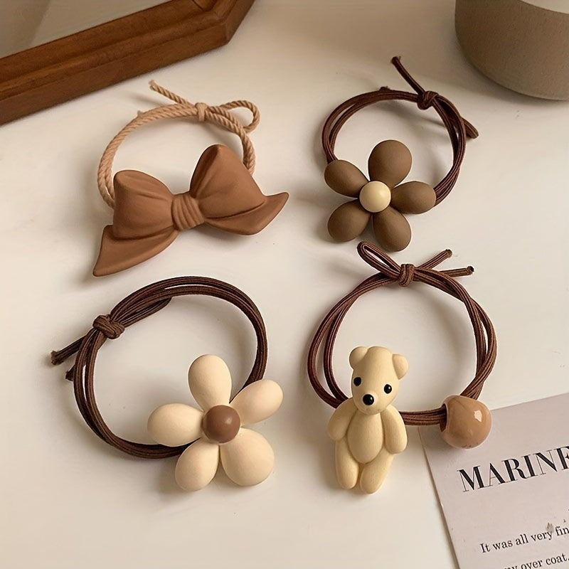 4pcs Bow Bear Flowers Hair Tie Ponytail Holders Hair Accessories For Girls