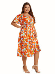 Floral Print V-Neck Midi Dress, Plus Size