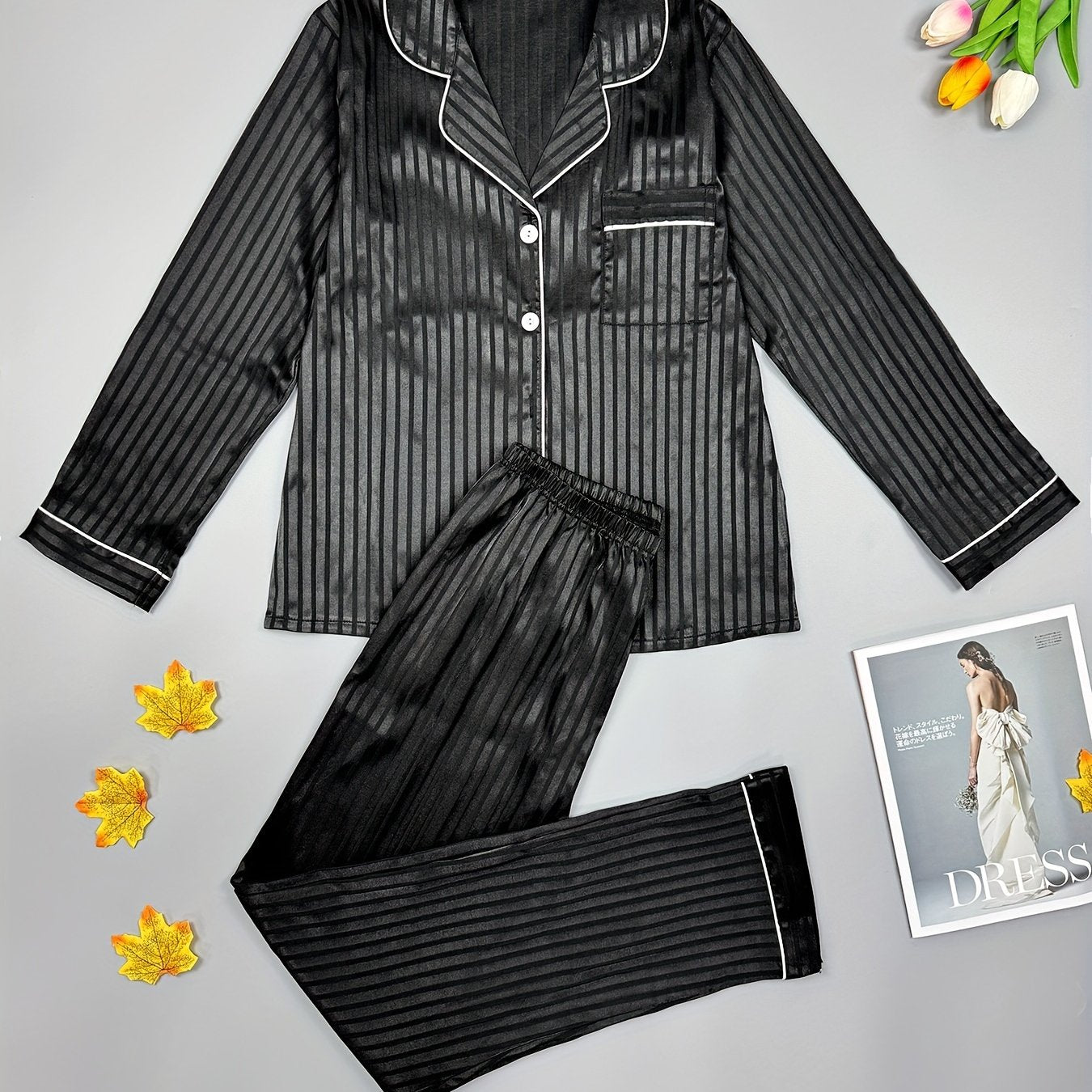 Striped Satin Pajama Set Long Sleeve Top & Pants Women's Sleepwear