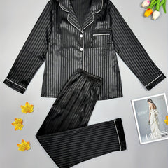 Striped Satin Pajama Set Long Sleeve Top & Pants Women's Sleepwear