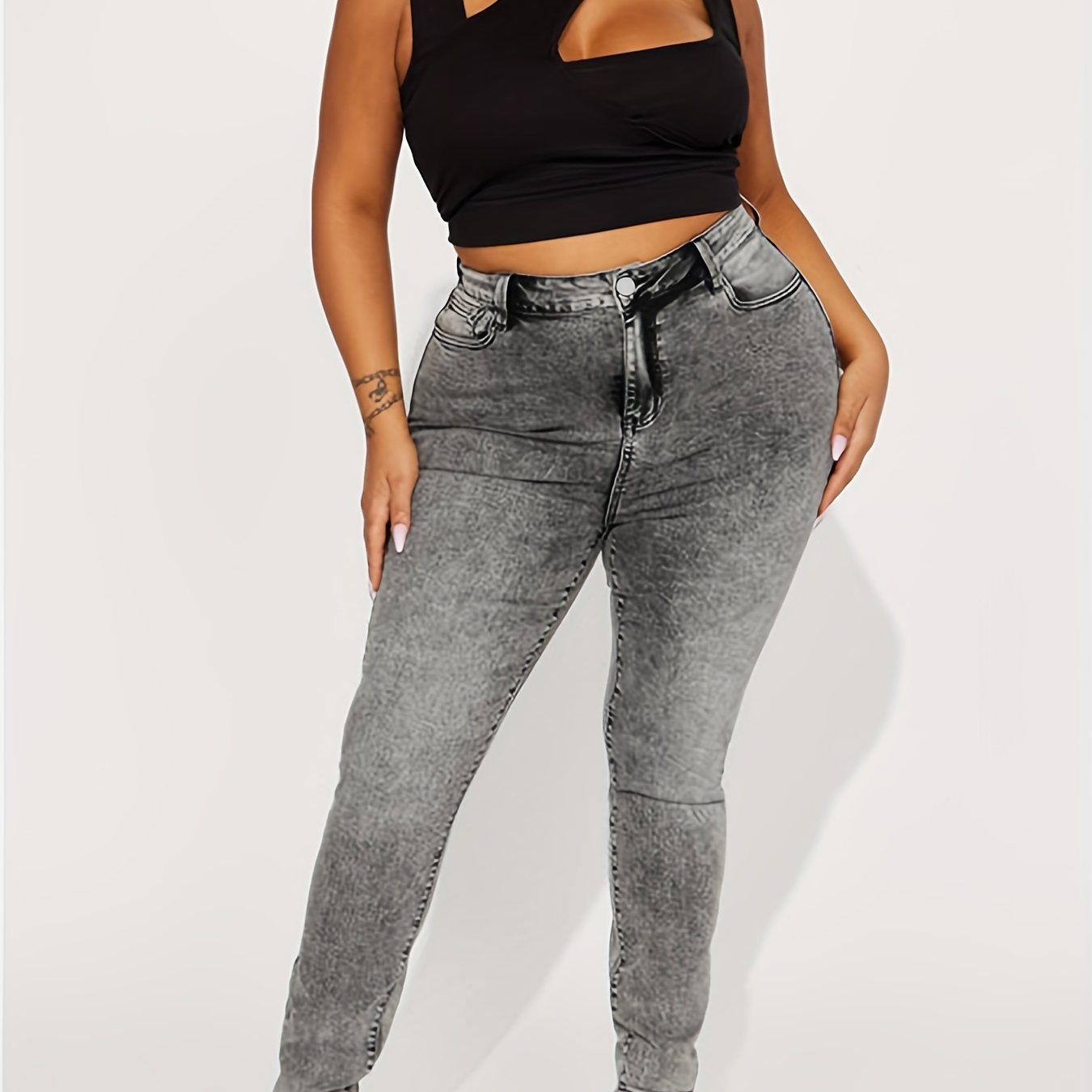 Casual Jeans Women's Plus Solid Distressed High Rise Skinny Jeans