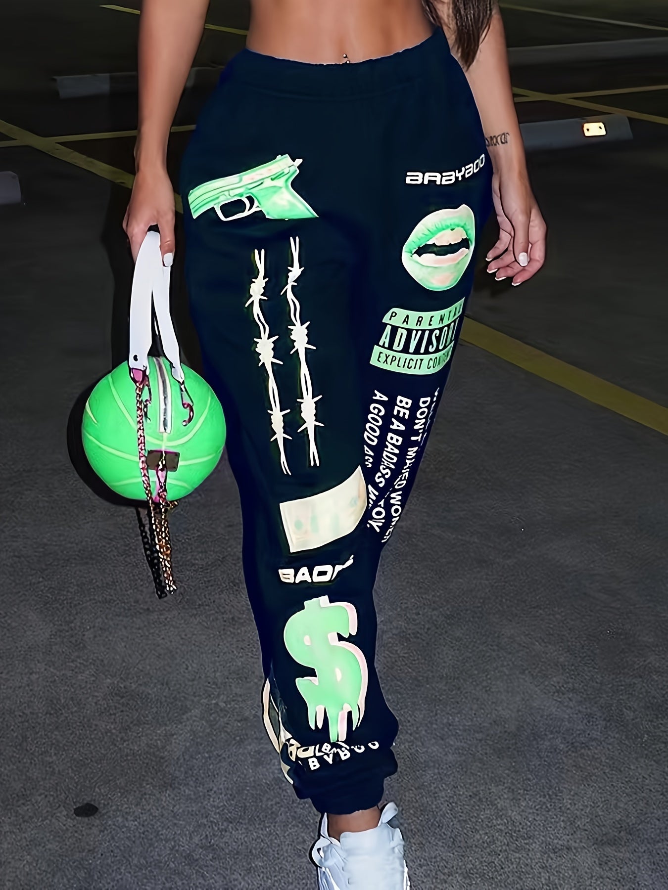 Letter & Lips Print Pants Casual Sporty Elastic Waist Pants