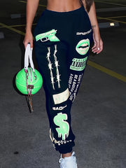 Letter & Lips Print Pants Casual Sporty Elastic Waist Pants