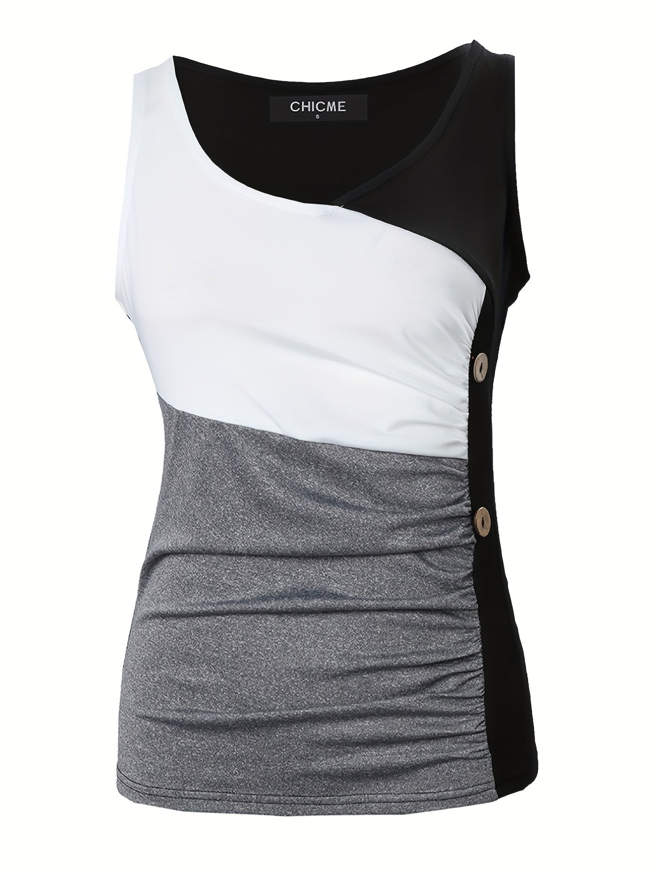 Colorblock Button Decor Tank Top V Neck Sleeveless Top
