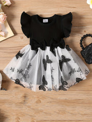 Baby Girls Casual Butterfly Bowknot Decor Mesh Sleeve Dress
