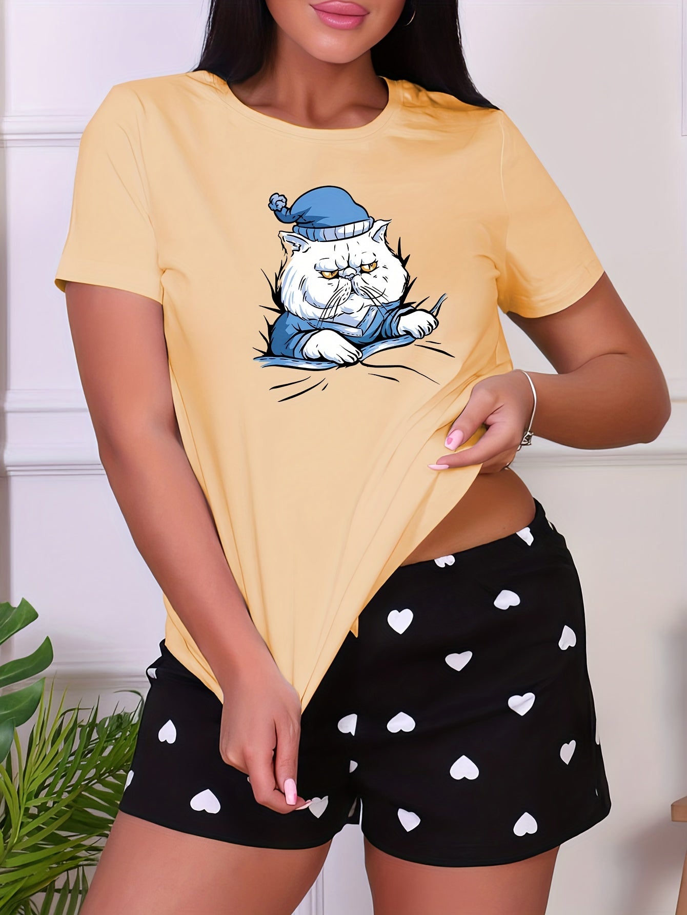 Cat Print Sleep Top Short Sleeve Crew Neck Pajama Shirt