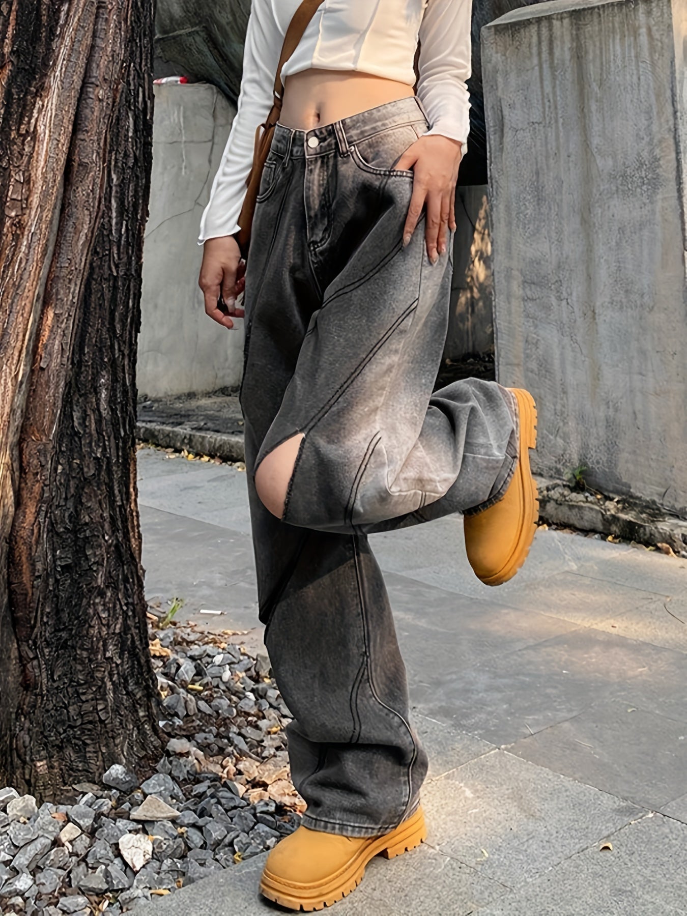 Cut Out Stitching Detail Wide Leg Jeans Dark Grey