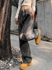 Cut Out Stitching Detail Wide Leg Jeans Dark Grey
