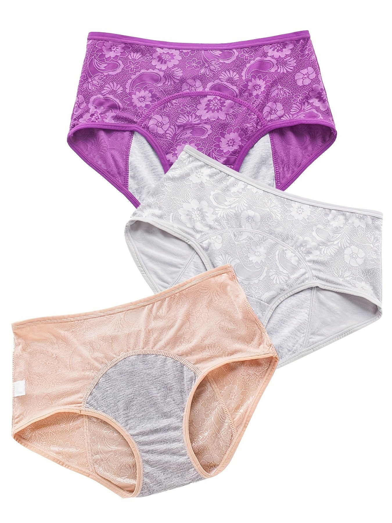 3 Pack Women's Plus Floral Jacquard Mid Waisted Leak Proof Period Briefs Set