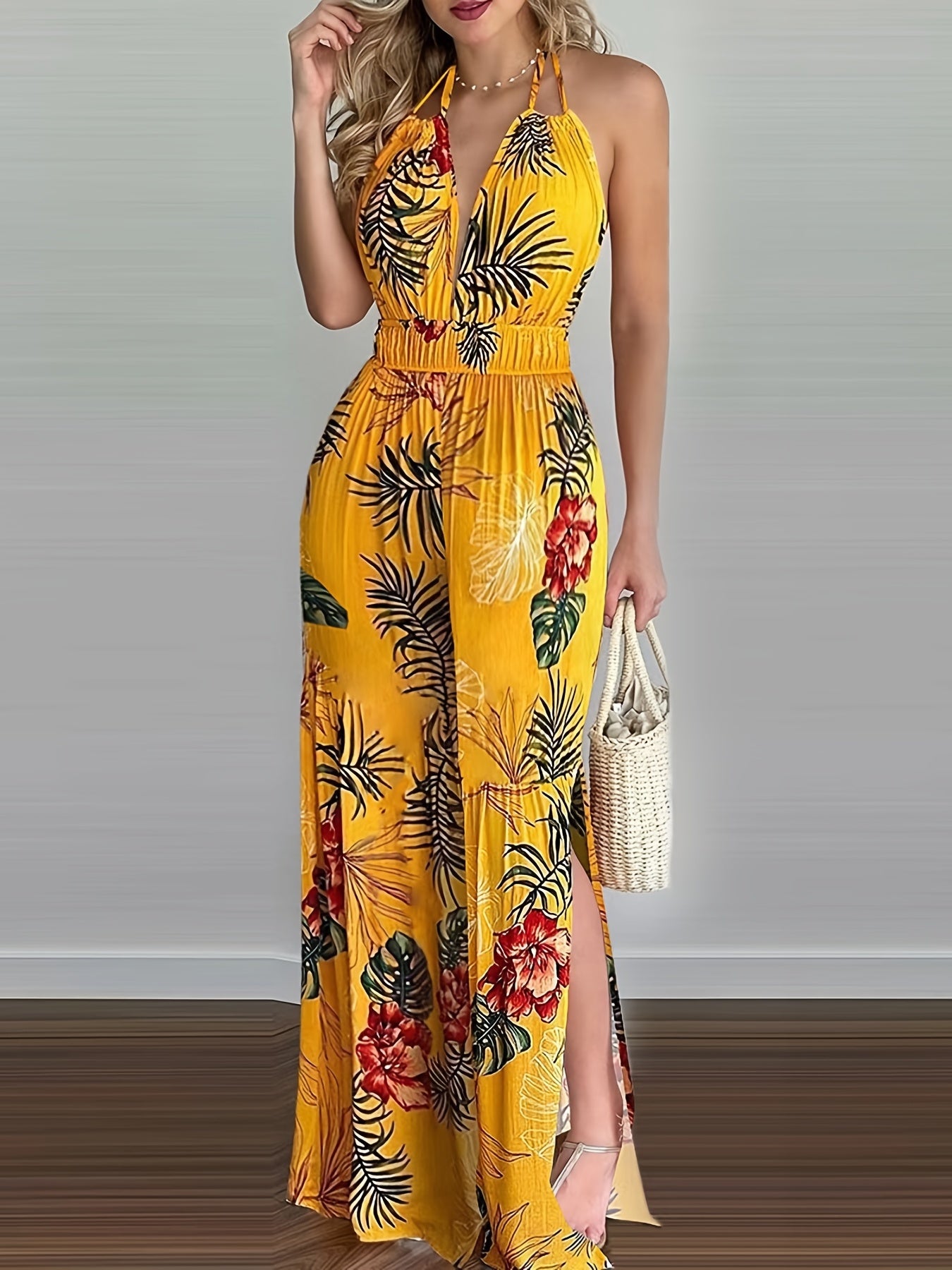 Boho Tropical Print Halter Neck Jumpsuit Backless Side Split