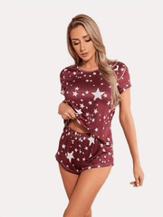 Star Print Pajama Set Short Sleeve Crew Neck Top & Elastic Waistband Shorts