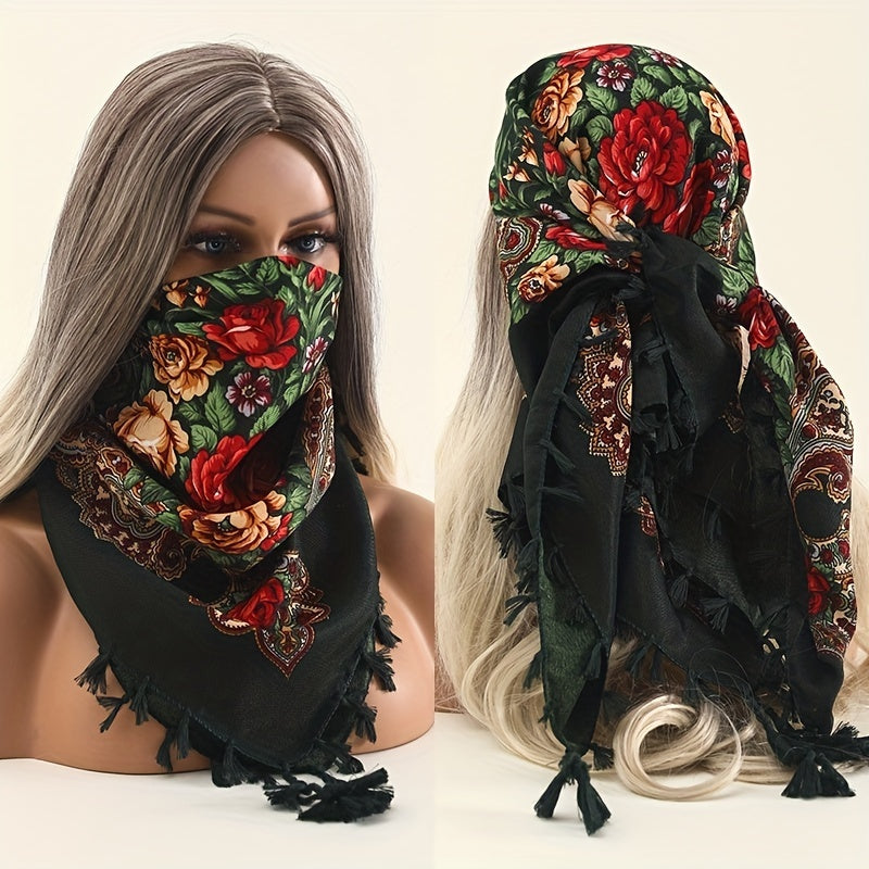 27.5" Printed Square Handkerchief Tassel Towel Sunshade Headscarf