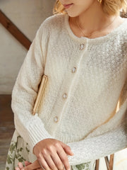 Solid Button Front Knit Cardigan Casual Crew Neck Long Sleeve Sweater