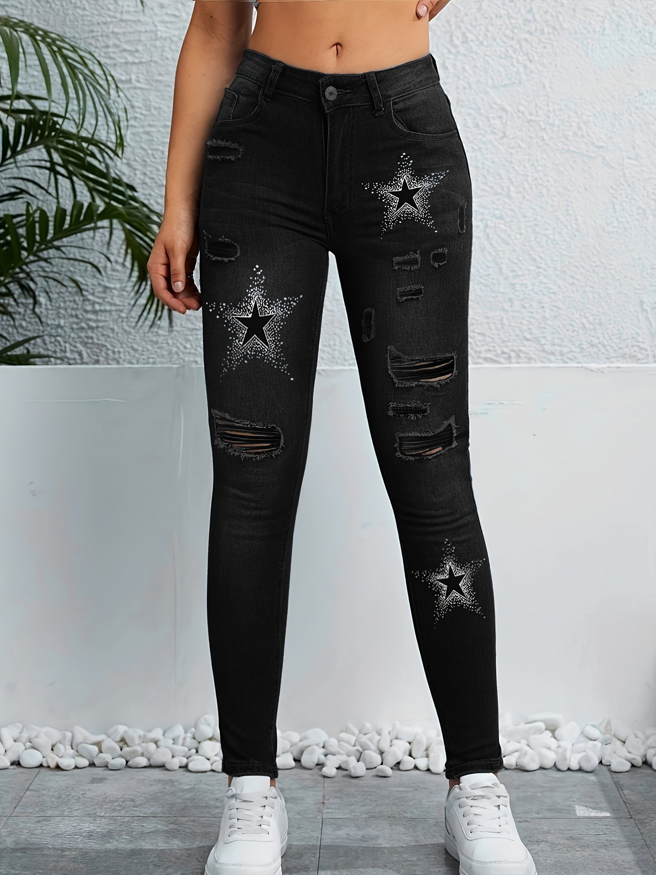 Star Pattern Ripped Holes Skinny Jeans Slim Fit