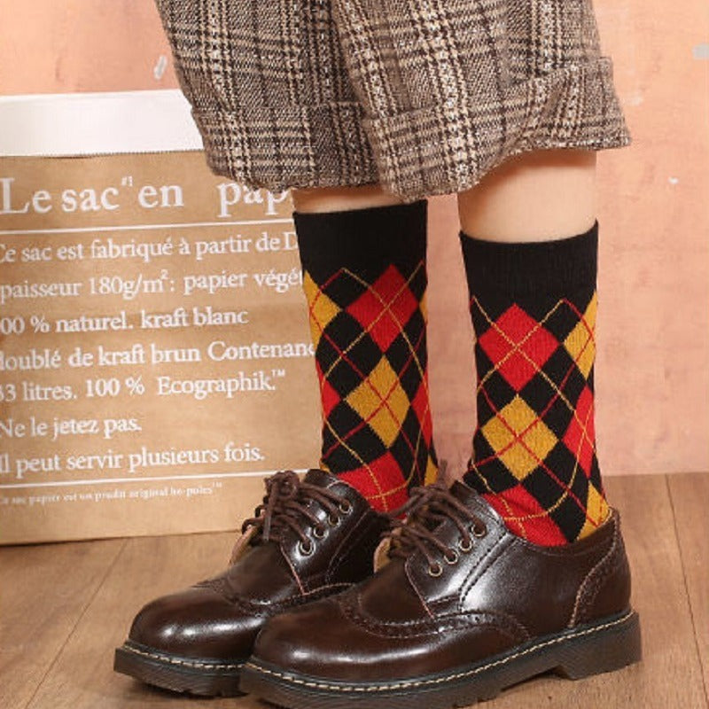 Colorblock Plaid Socks Breathable College Style Women Stockings