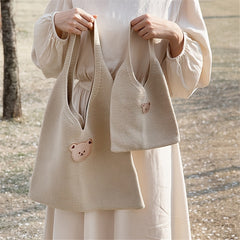 Cartoon Bear Head Knitted Shoulder Tote Bag Large Capacity Mommy Bag