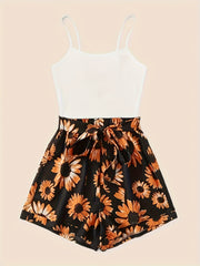 Spring & Summer 2pc Set Spaghetti Top & Floral Shorts Women's Clothing