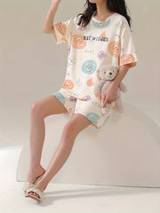 Bear Print Pajama Set Short Sleeve Crew Neck Top and Shorts PJ Set