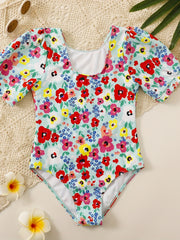 Girl's Floral Onesie Swimsuit Short Sleeve Bathing Suit Kids Clothes