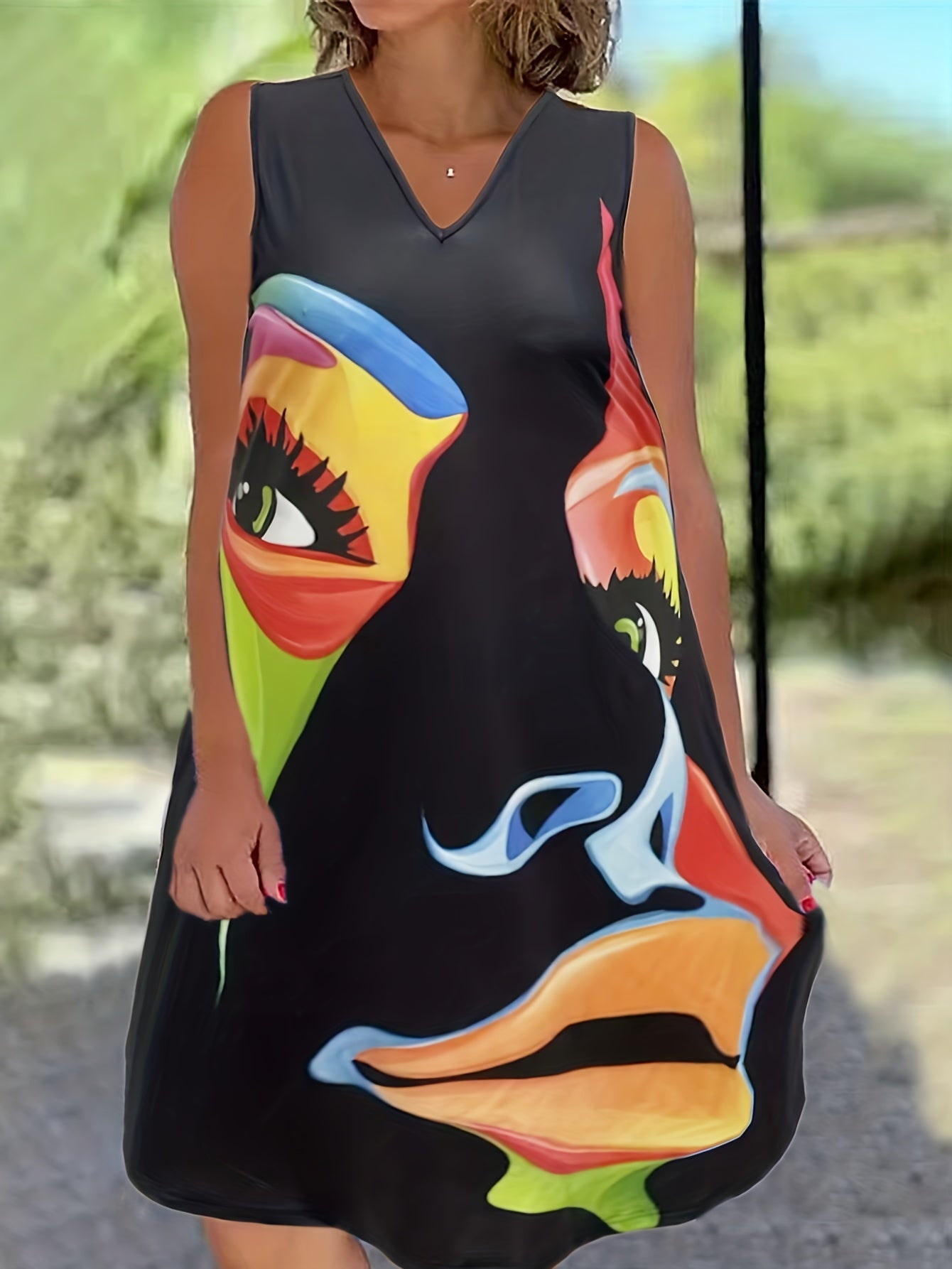 Plus Size Graphic Print V Neck Tank Dress With Pockets