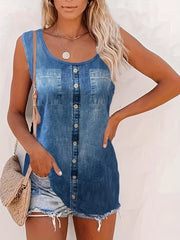 Denim Print Tank Top, Sleeveless Casual Summer Women's Clothing