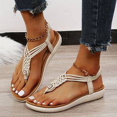 Women's Braided Flat Sandals T strap Open Toe Beach Non Slip Sandals