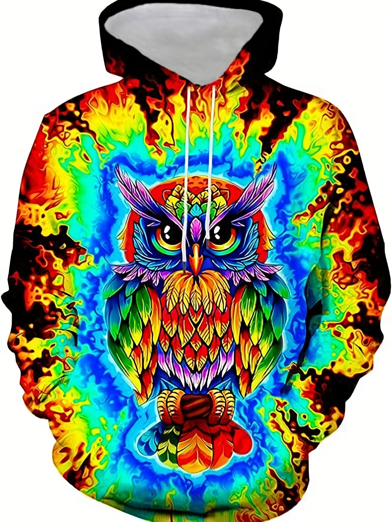 Colorful Owl Print Hoodies For Men Graphic Hoodie Comfy Loose Pullover